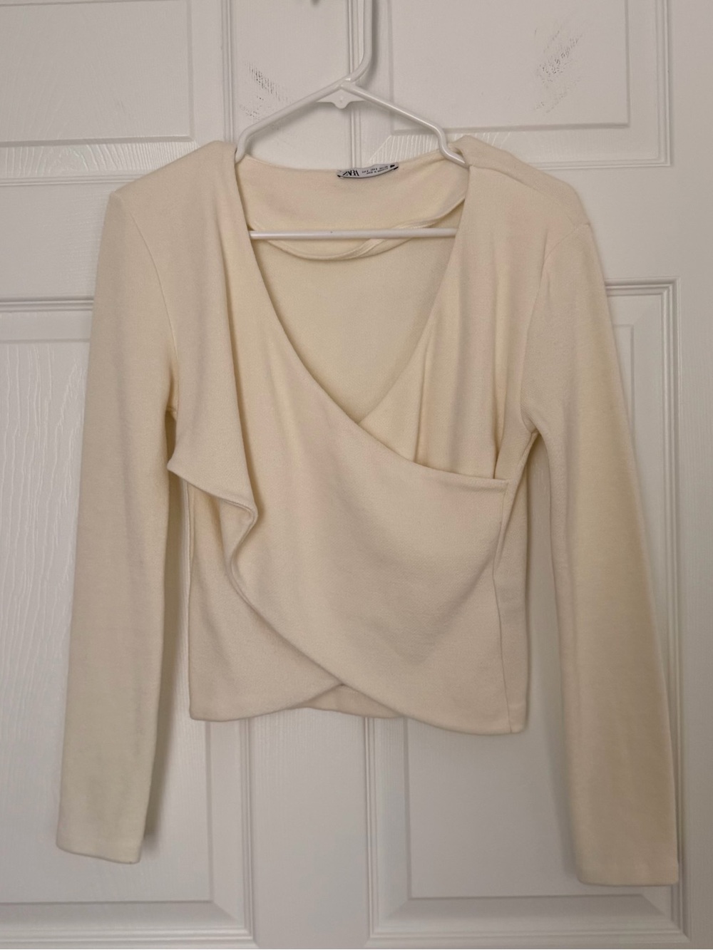 Zara Ivory Draped Wrap-Front Long Sleeve Top